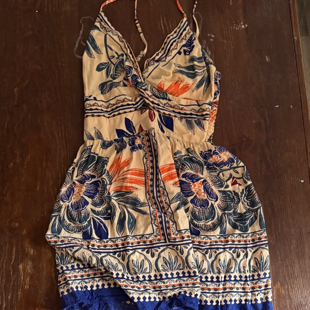 Angie Cream Mini Dress with Blue and Orange Floral Print